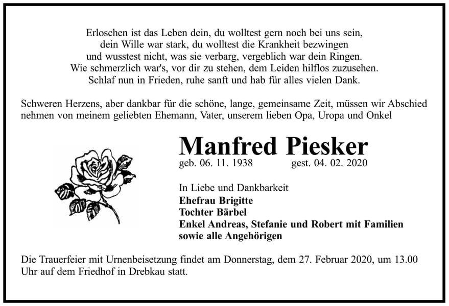 Traueranzeige Manfred Piesker