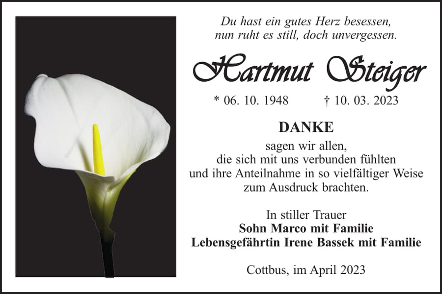 Danksagung Hartmut Steiger