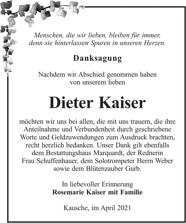 Danksagung Dieter Kaiser