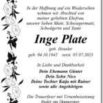 Traueranzeige Inge Plate, geb. Heusler