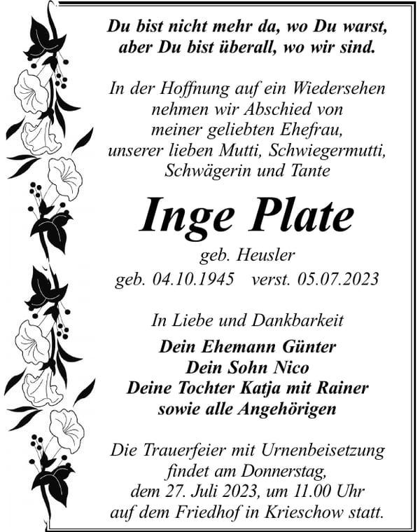 Traueranzeige Inge Plate, geb. Heusler