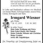 Traueranzeige Irmgard Wiesner, geb. Prüfer