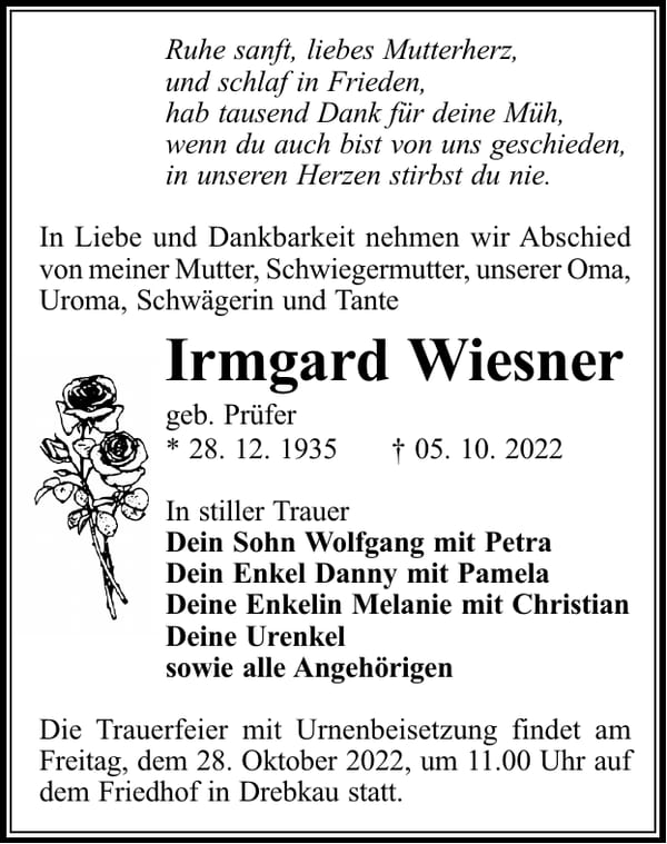 Traueranzeige Irmgard Wiesner, geb. Prüfer