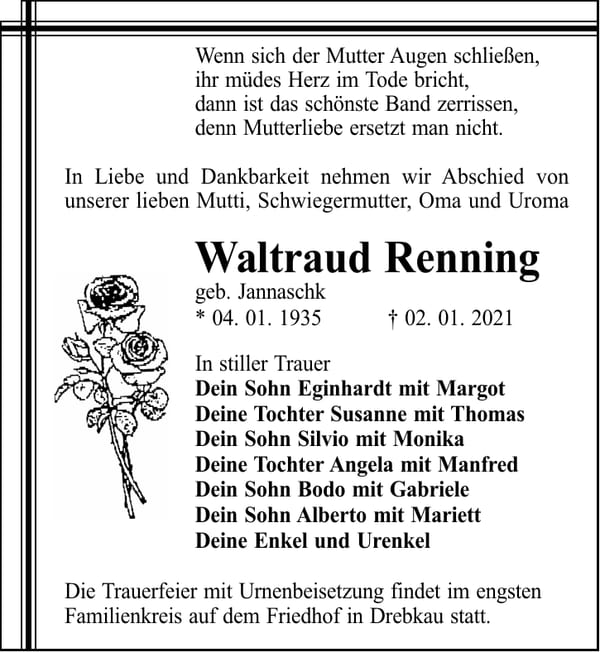 Traueranzeige Waltraud Renning, geb. Jannaschk