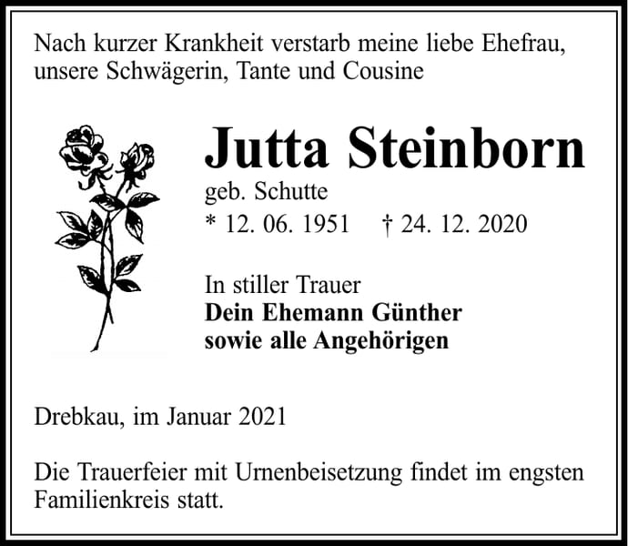 Traueranzeige Jutta Steinborn, geb. Schutte
