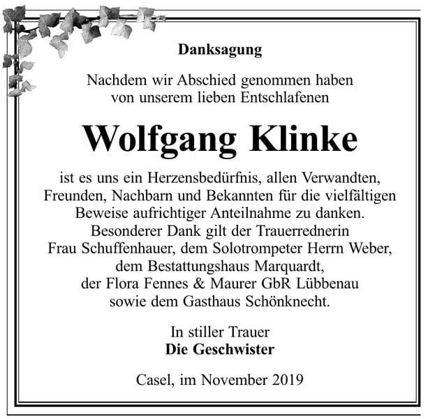 Danksagung Wolfgang Klinke