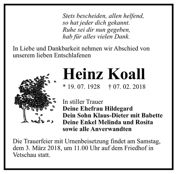 Traueranzeige Heinz Koall