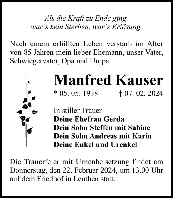 Traueranzeige Manfred Kauser