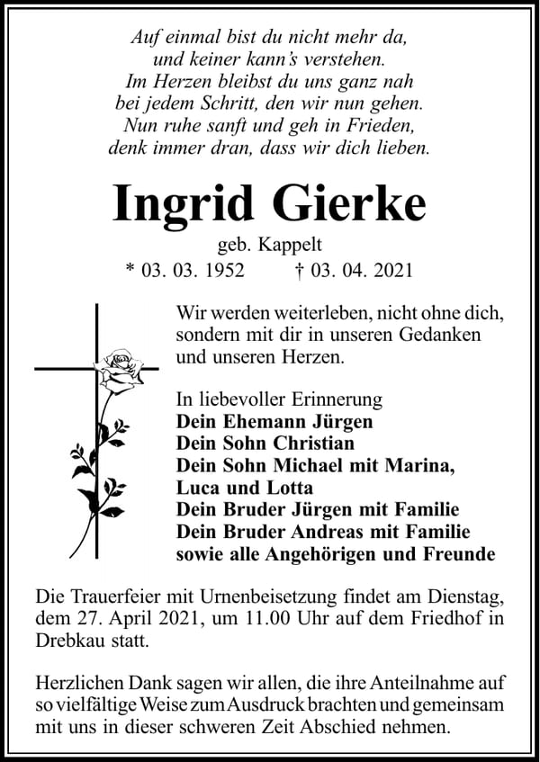 Traueranzeige Ingrid Gierke, geb. Kappelt