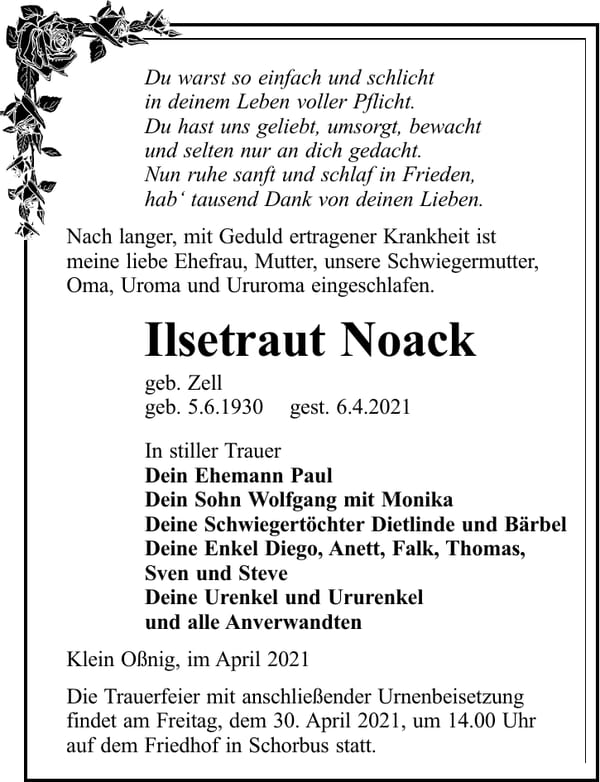 Traueranzeige Ilsetraut Noack, geb. Zell