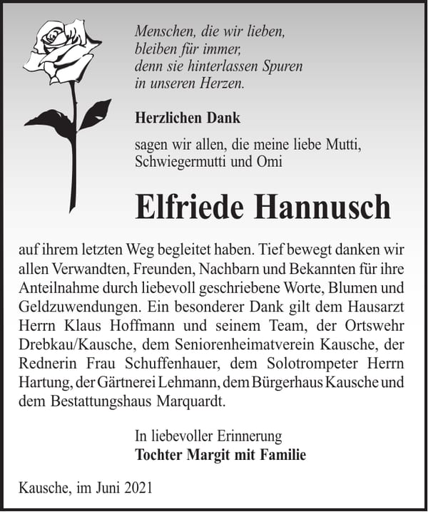 Danksagung Elfriede Hannusch
