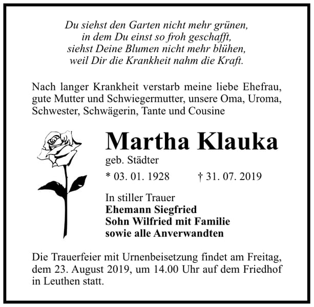 Traueranzeige Martha Klauka, geb. Städter