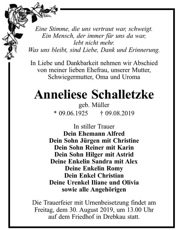 Traueranzeige Anneliese Schalletzke, geb. Müller