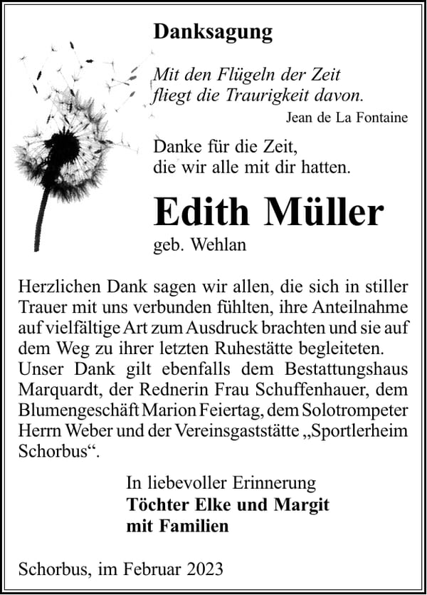 Danksagung Edith Müller, geb. Wehlan