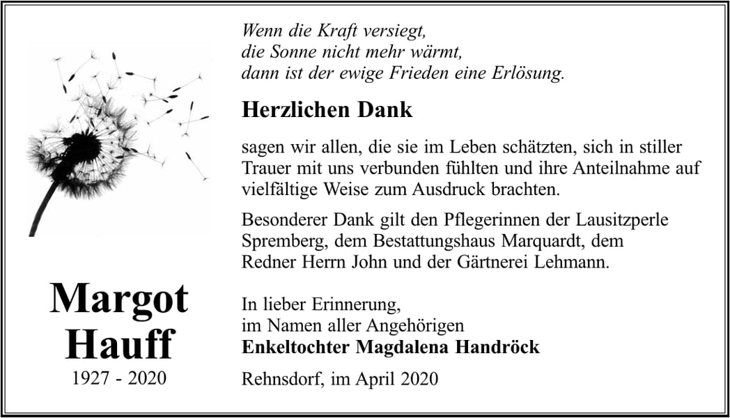 Traueranzeige Margot Hauff