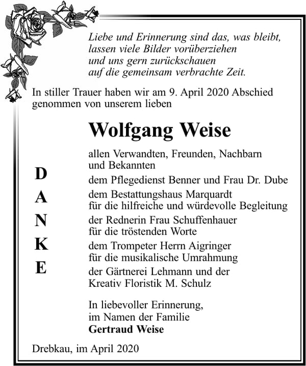 Danksagung Wolfgang Weise