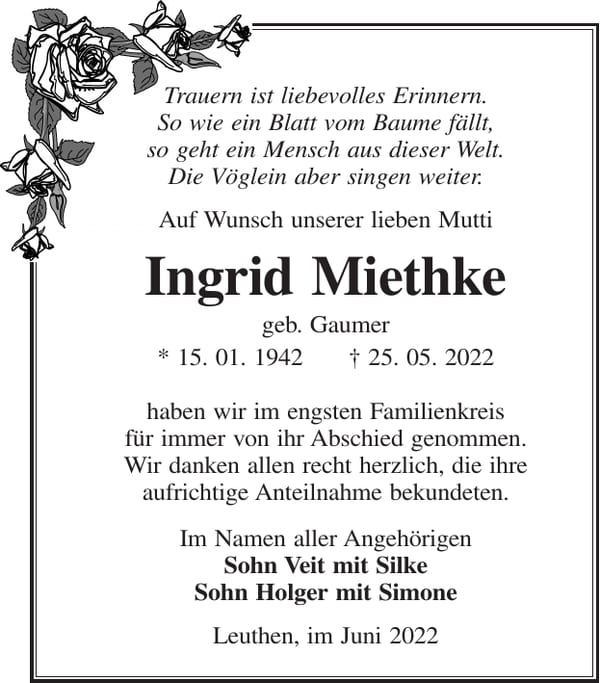 Traueranzeige Ingrid Miethke, geb. Gaumer