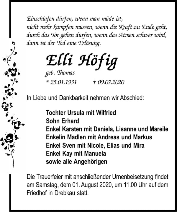 Traueranzeige Elli Höfig, geb. Thomas