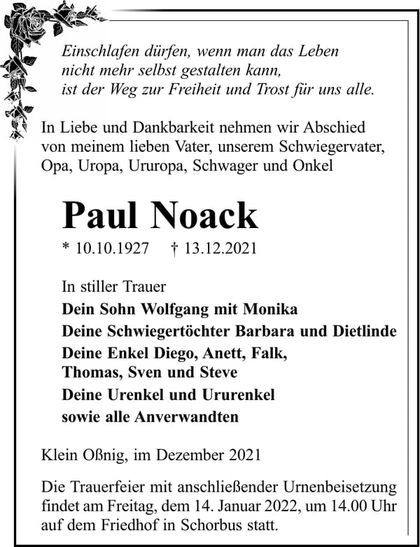 Traueranzeige Paul Noack