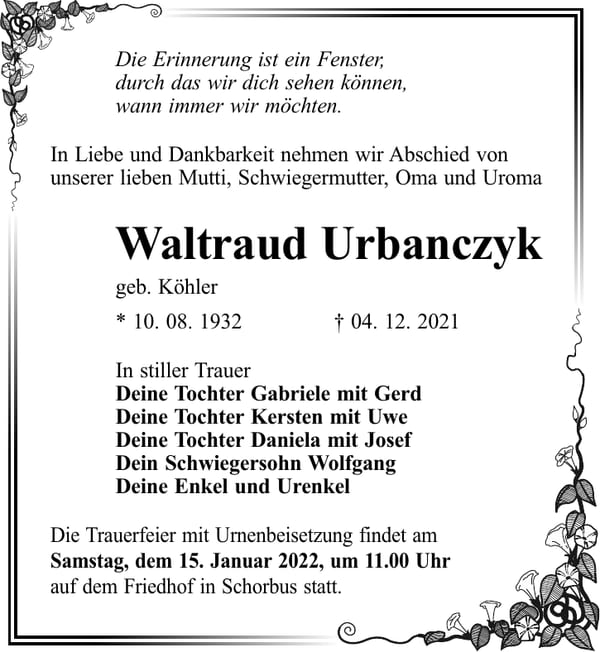 Traueranzeige Waltraud Urbanczyk, geb. Köhler