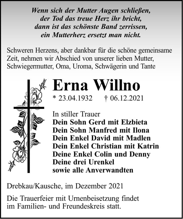 Traueranzeige Erna Willno