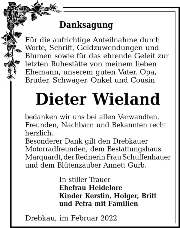 Danksagung Dieter Wieland