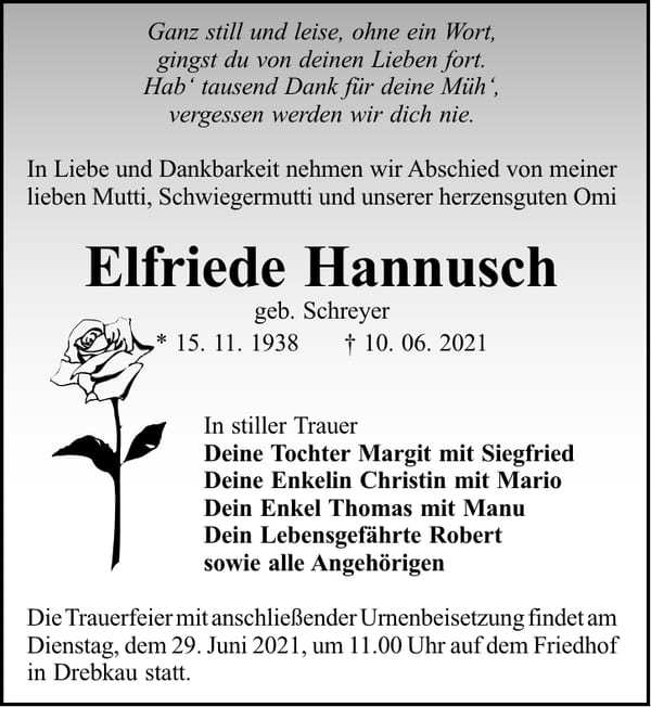 Traueranzeige Elfriede Hannusch, geb. Schreyer