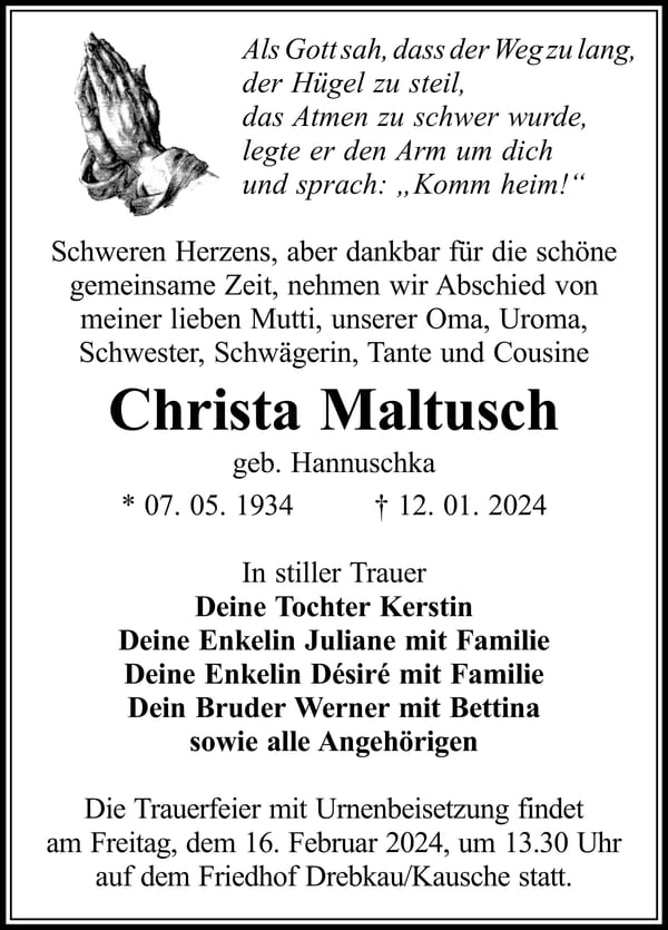 Traueranzeige Christa Maltusch, geb. Hannuschka