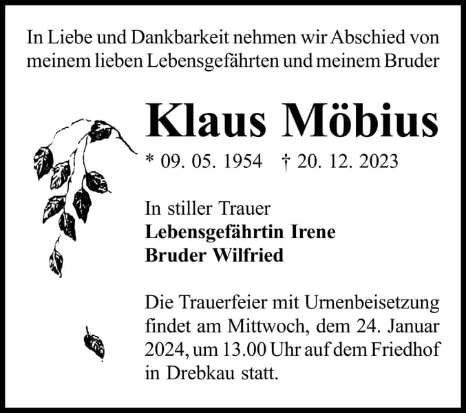 Traueranzeige Klaus Möbius