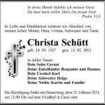 Traueranzeige Christa Schütt
