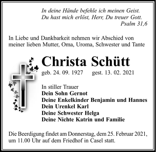 Traueranzeige Christa Schütt