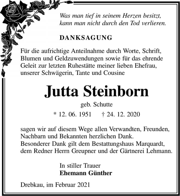 Danksagung Jutta Steinborn, geb. Schutte