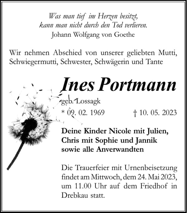 Traueranzeige Ines Portmann, geb. Lossagk