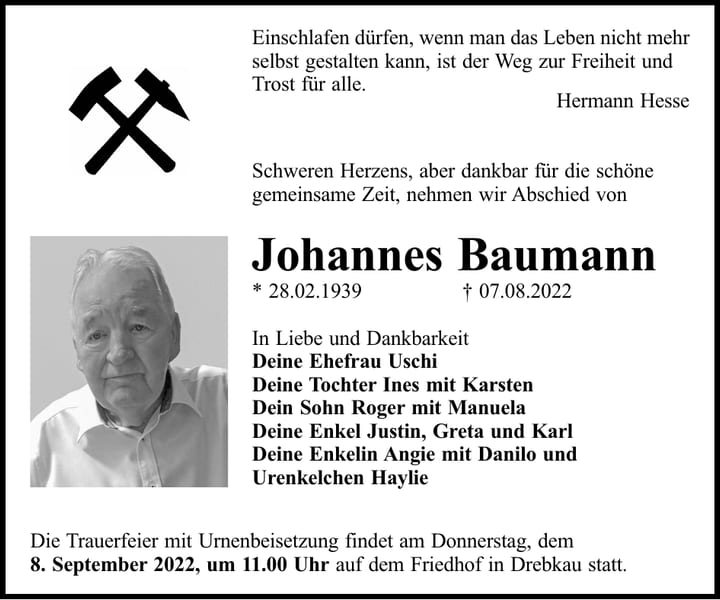 Traueranzeige Johannes Baumann