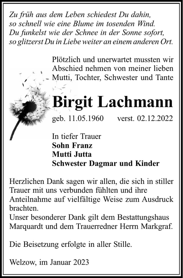 Traueranzeige Birgit Lachmann
