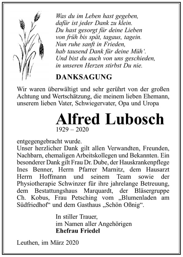 Danksagung Alfred Lubosch