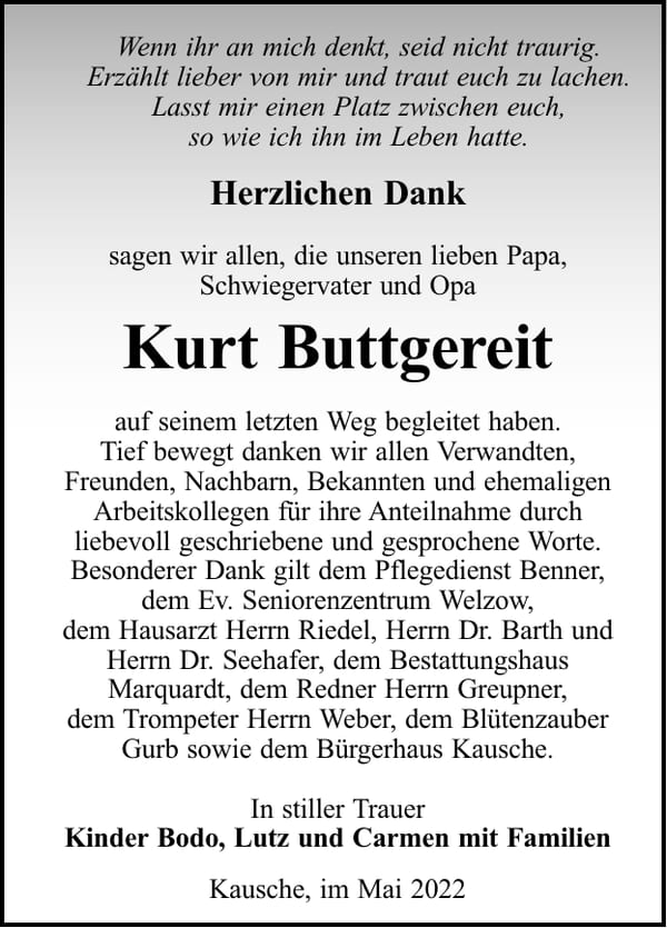 Danksagung Kurt Buttgereit
