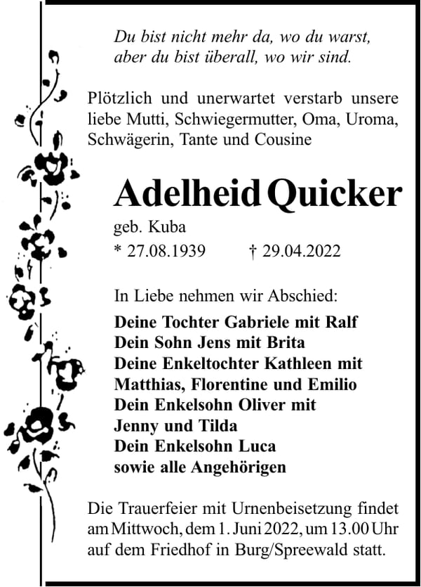 Traueranzeige Adelheid Quicker, geb. Kuba