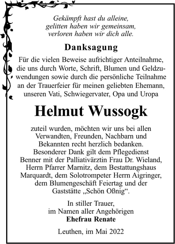 Danksagung Helmut Wussogk