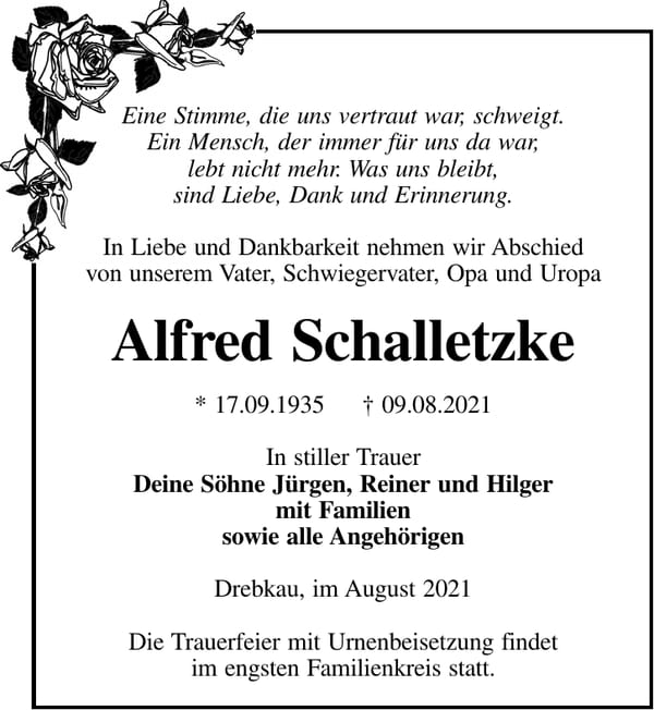Traueranzeige Alfred Schalletzke