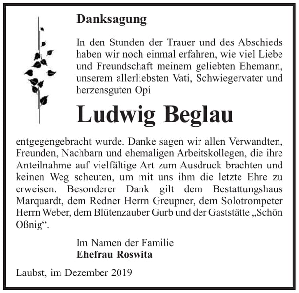 Danksagung Ludwig Beglau