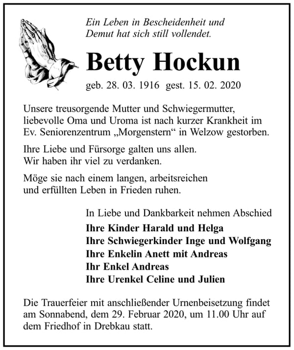 Traueranzeige Betty Hockun