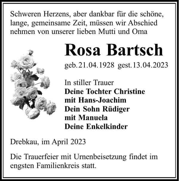 Traueranzeige Rosa Bartsch