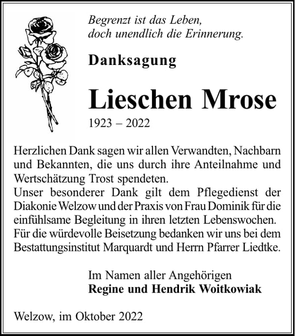 Danksagung Lieschen Mrose