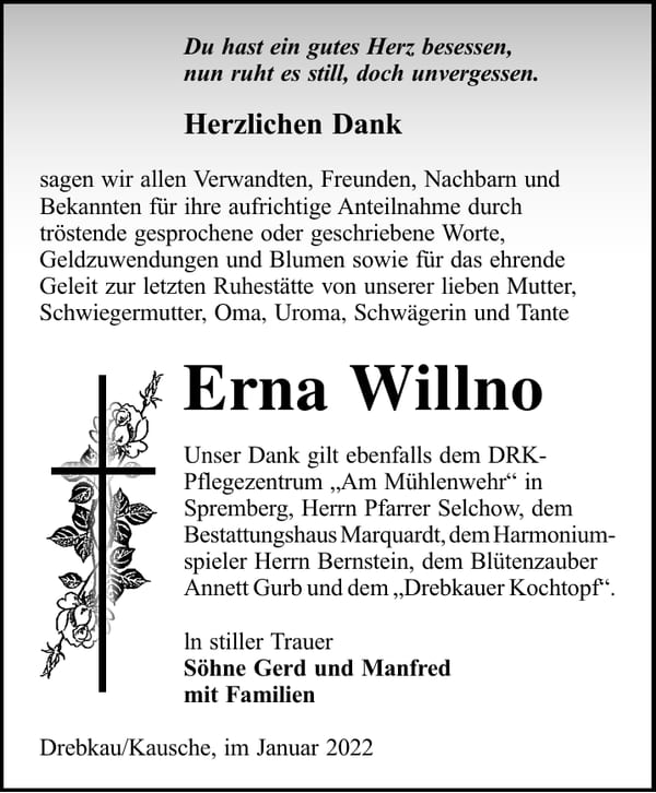 Danksagung Erna Willno