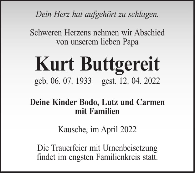 Traueranzeige Kurt Buttgereit