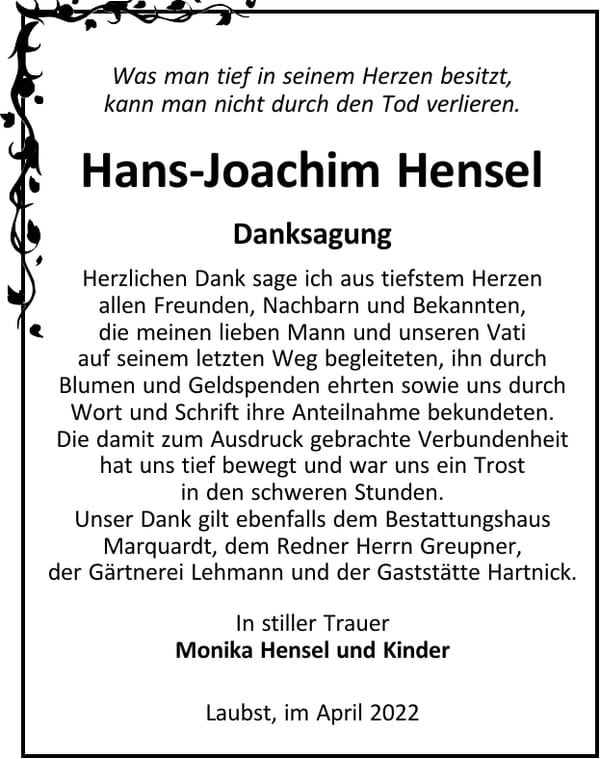 Danksagung Hans-Joachim Hensel