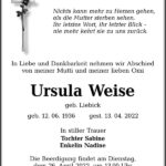 Traueranzeige Ursula Weise, geb. Liebick