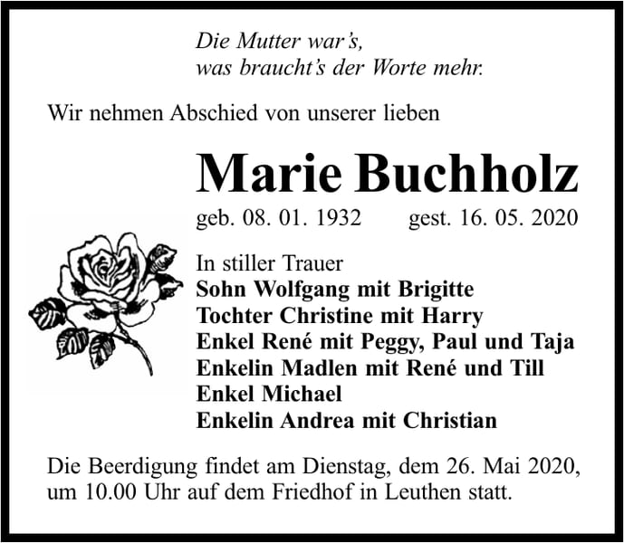 Traueranzeige Marie Buchholz