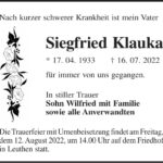Traueranzeige Siegfried Klauka